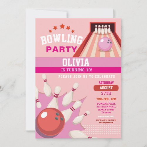 Bowling Strike Fun Bowl Pink Girls Birthday  Invitation