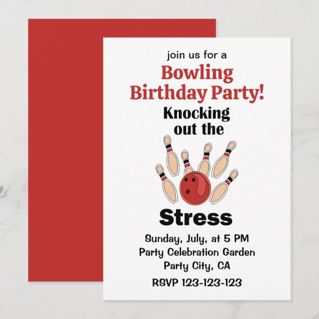 Bowling Strike Knocking Out The Stress Birthday Invitation (Front/Back)