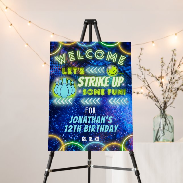 Bowling Strike Up Fun Neon Glow Birthday Welcome Foam Board (In Situ (Stand))