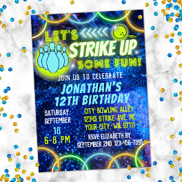 Bowling Strike Up Fun Neon Glow Blue Boys Birthday Invitation