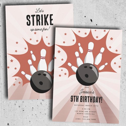 Bowling Strike Up Some Fun Birthday Rose Gold Girl Invitation