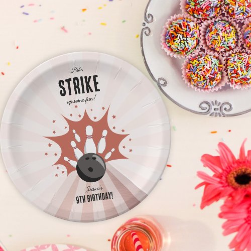 Bowling Strike Up Some Fun Birthday Rose Gold Girl Paper Plates