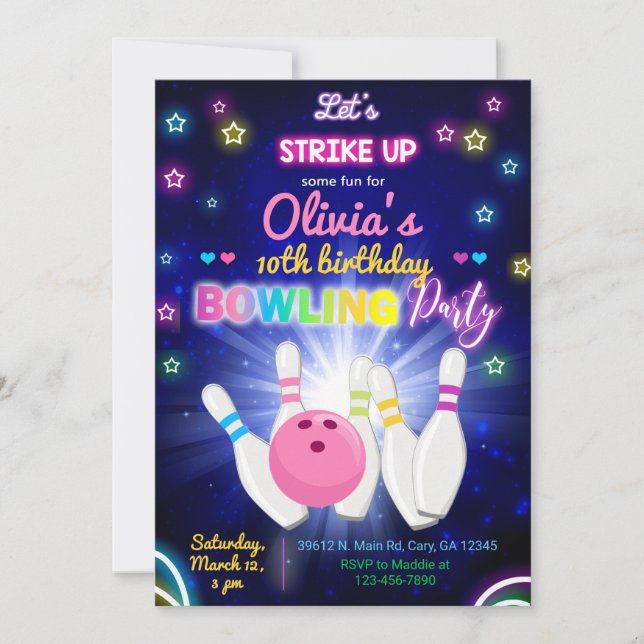 Bowling, strike up some fun, girl birthday invite. invitation (Front)
