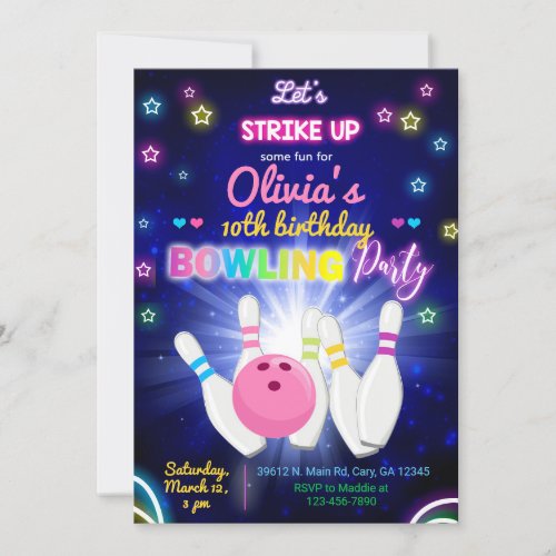 Bowling strike up some fun girl birthday invite invitation