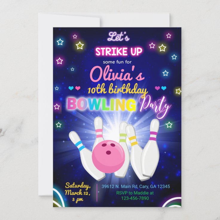 Bowling, strike up some fun, girl birthday invite. invitation | Zazzle