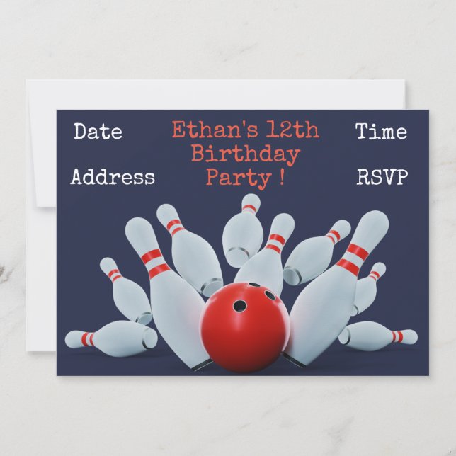 Bowling teenage boys birthday party invitation (Front)