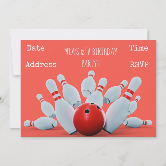 Bowling teenage girls birthday party invitation (Front)