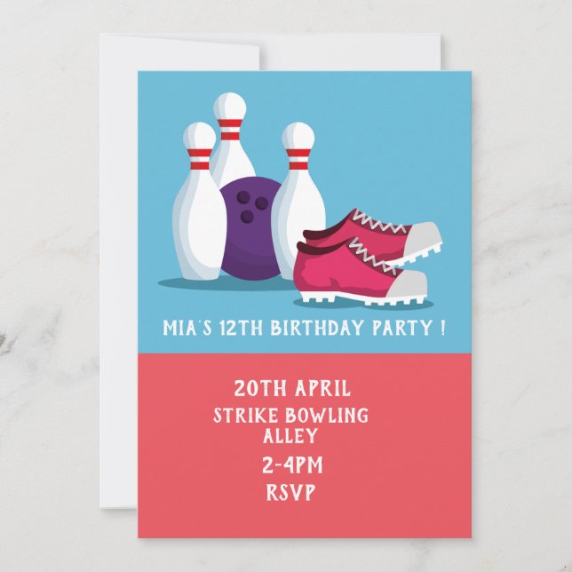 Bowling teenage tween girls birthday party invitation (Front)