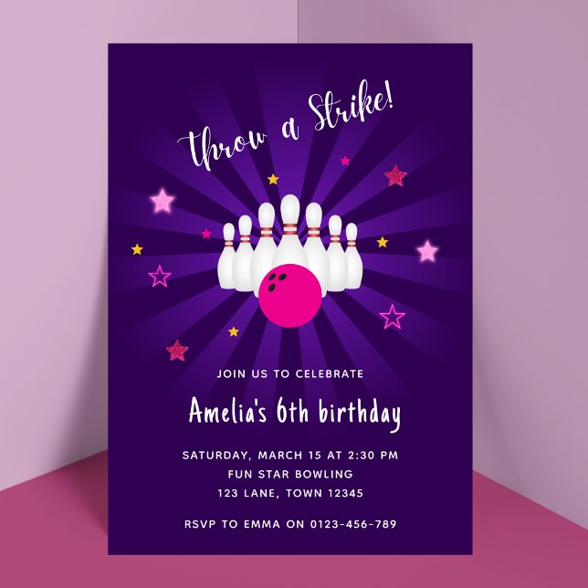 Bowling Themed Birthday Party Pink Purple Stars Invitation (Creator Uploaded)
