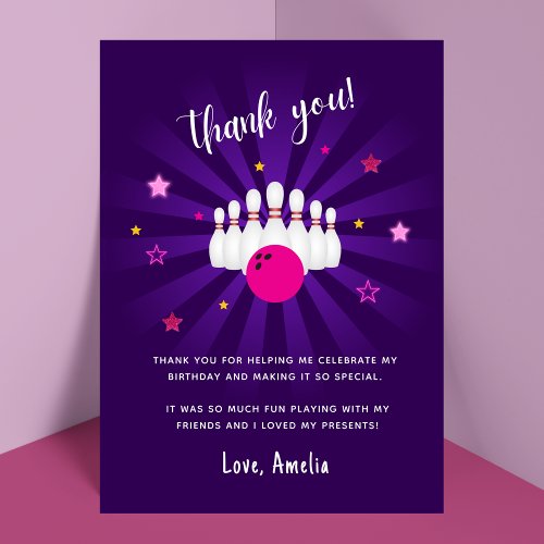 Bowling Themed Birthday Party Pink Purple Stars Thank You Card