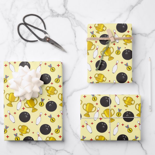 Bowling Tournament Winner Pins Trophy Pattern Wrapping Paper Sheets (Front)