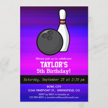 Bowling; Vibrant Violet Blue And Magenta Invitation by Birthday_Party_House at Zazzle