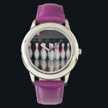 Bowling Watch<br><div class="desc">A watch featuring a photo of a rack of bowling pins.</div>