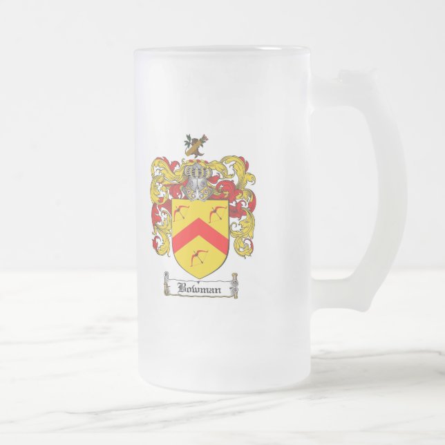 BOWMAN FAMILY CREST -  BOWMAN COAT OF ARMS FROSTED GLASS BEER MUG (Right)