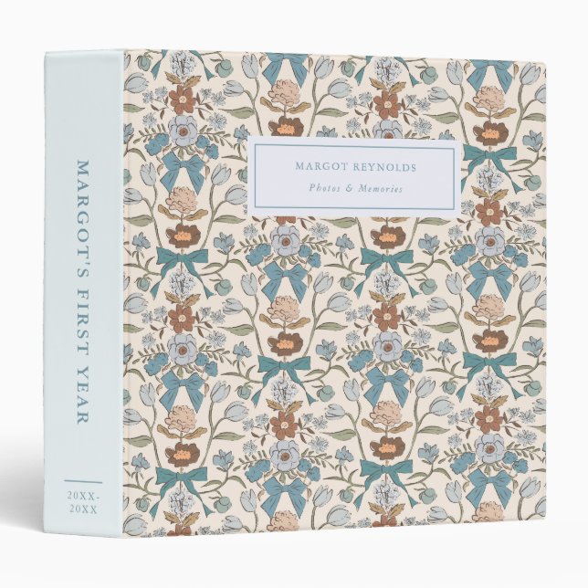 Bows and Blossoms Blue Baby Photo Album 3 Ring Binder (Front/Spine)