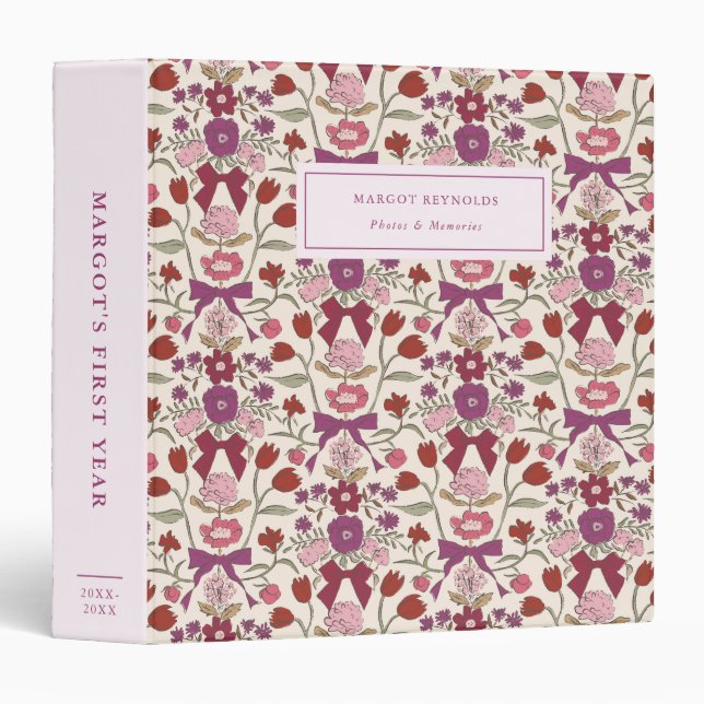 Bows and Blossoms Magenta Baby Photo Album 3 Ring Binder (Front/Spine)