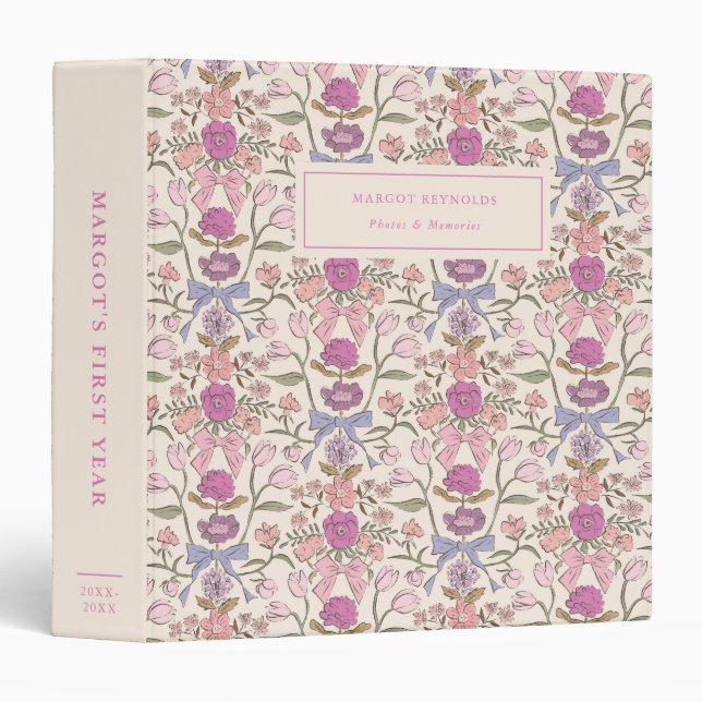 Bows and Blossoms Pink Baby Photo Album 3 Ring Binder (Front/Spine)