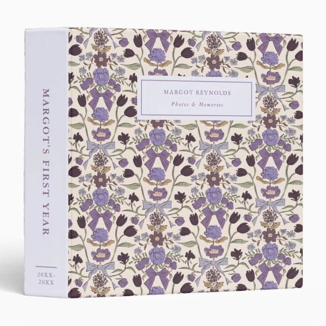 Bows and Blossoms Purple Baby Photo Album 3 Ring Binder (Front/Spine)