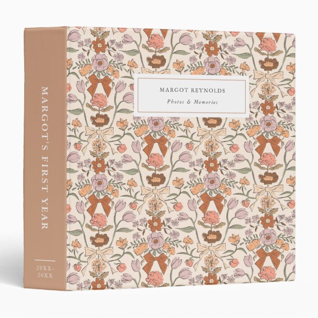 Bows and Blossoms Terracotta Baby Photo Album 3 Ring Binder (Front/Spine)