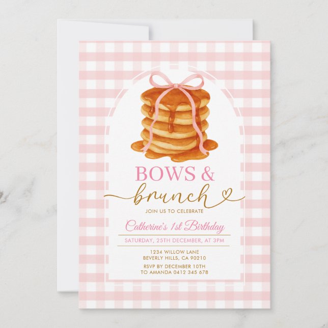 Bows and Brunch Pancake Pink 1st Birthday Gingham Invitation (Front)
