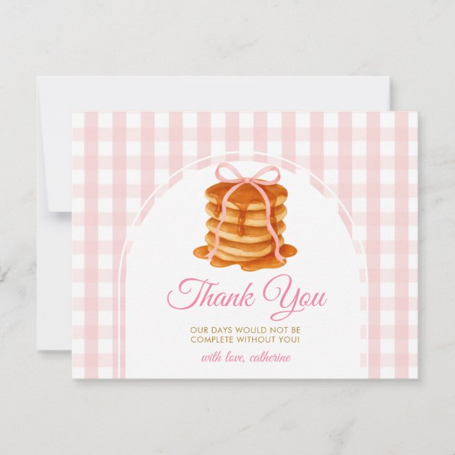 Bows and Brunch Pancake Pink 1st Birthday Gingham Thank You Card (Front)
