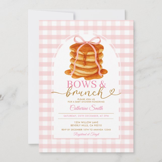 Bows and Brunch Pancake Pink Baby Shower Gingham Invitation (Front)