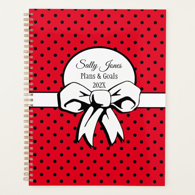 Bows and Polka Dots Hintage Vibe Red Personalized Planner (Front)