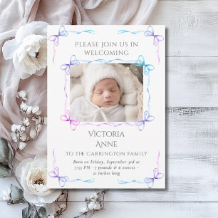 Bows Baby Rainbow Photo Birth Announcement Card