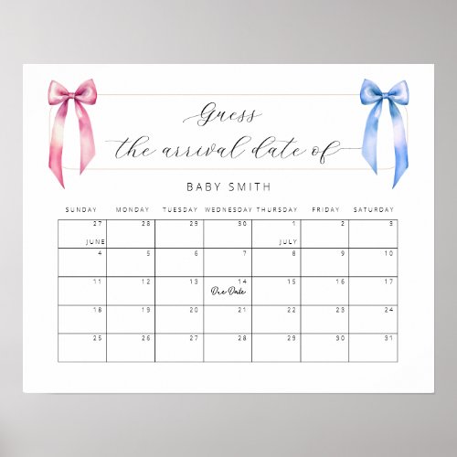 Bows Baby Shower Guess The Due Date Calendar  Poster