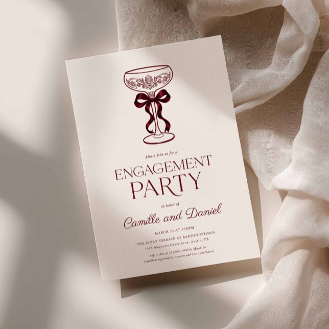 Bows & Bubbly Engagement Party Invitation (Burgundy Couples Engagement Party)