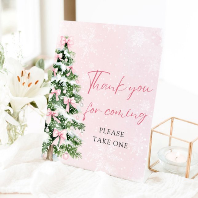 Bows Christmas Baby Shower Thank You For Coming  Pedestal Sign (Pink Bows Christmas Baby Shower Thank You For Coming Sign)