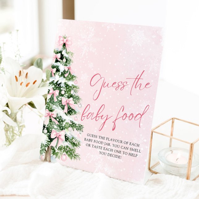 Bows Christmas Guess the Baby Food Baby Shower Pedestal Sign (Pink Bows Christmas Guess the Baby Food Baby Shower Sign)