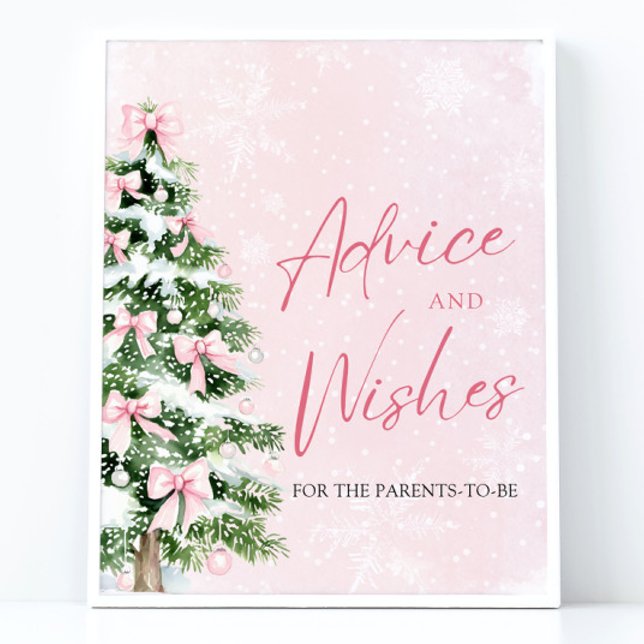 Bows Christmas Tree Baby Shower Advice and Wishes Poster (Winter Pink Bows Christmas Tree Baby Shower Advice and Wishes Pedestal Sign)