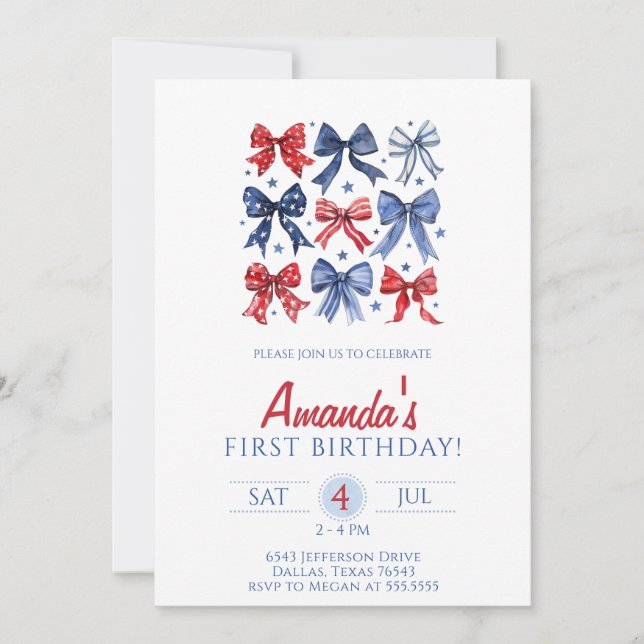  Bows fourth of July birthday Invitation (Front)