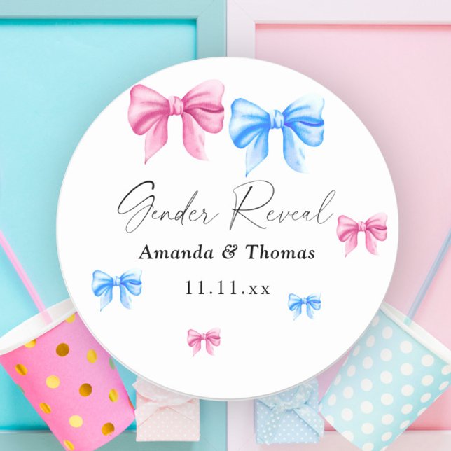 Bows Gender Reveal. Girl or Boy Classic Round Sticker (Creator Uploaded)