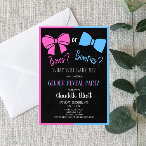 Bows or Bowties Pink Blue Black Gender Reveal Invitation