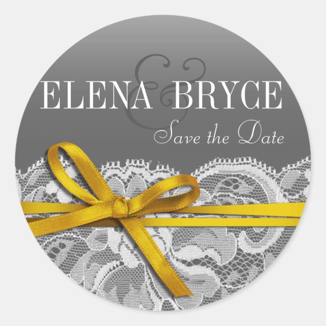 Bows Ribbon & Lace | gray yellow Classic Round Sticker (Front)