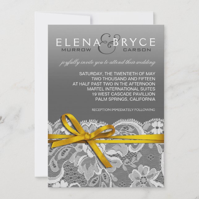 Bows Ribbon & Lace Wedding gray yellow Invitation (Front)