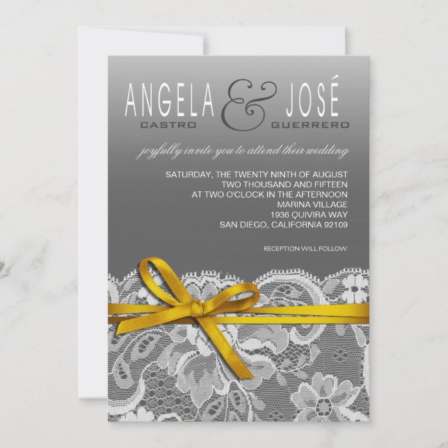 Bows Ribbon & Lace Wedding | gray yellow Invitation (Front)