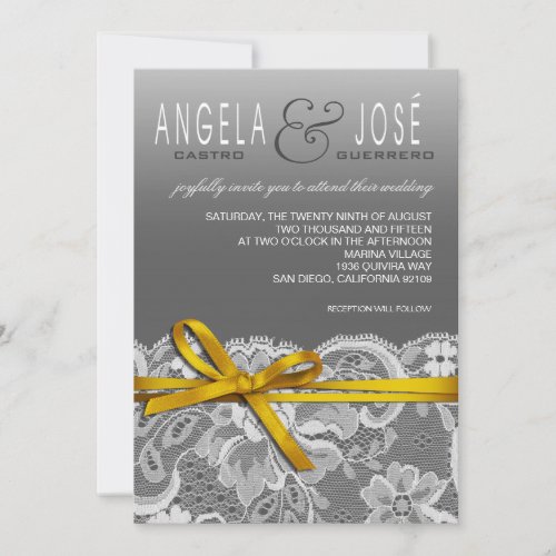 Bows Ribbon  Lace Wedding  gray yellow Invitation