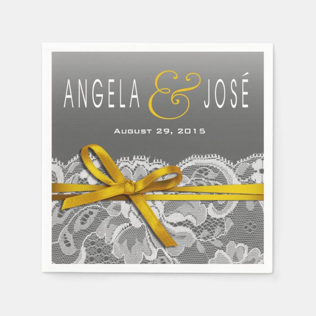 Bows Ribbon & Lace Wedding Party | gray yellow Paper Napkins (Front)