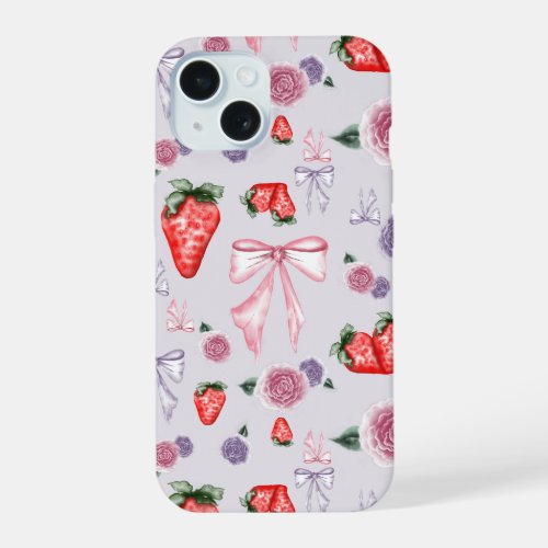 Bows Roses  Strawberries Coquette Pattern  iPhone 15 Case