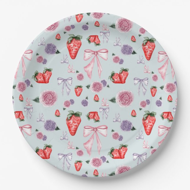 Bows, Roses & Strawberries Coquette Pattern  Paper Plates (Front)