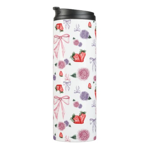 Bows Roses  Strawberries Coquette Pattern  Thermal Tumbler