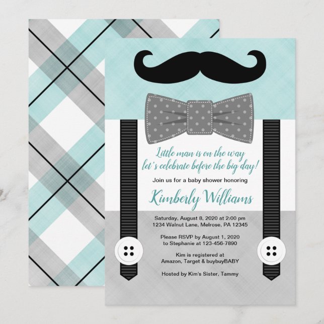 Bowtie baby shower invitation mint gray little man (Front/Back)