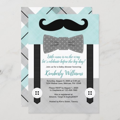 Bowtie baby shower invitation mint gray little man