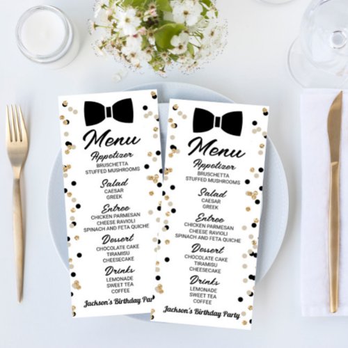 Bowtie Black and Gold Glitter Birthday Party Food Menu