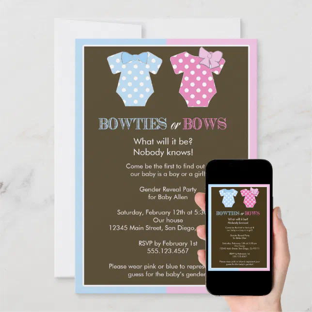 Bowties or Bows? Gender Reveal Invitation Zazzle
