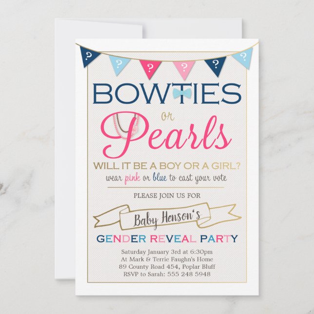 Bowties or Pearls Gender Reveal Party Invitation (Front)