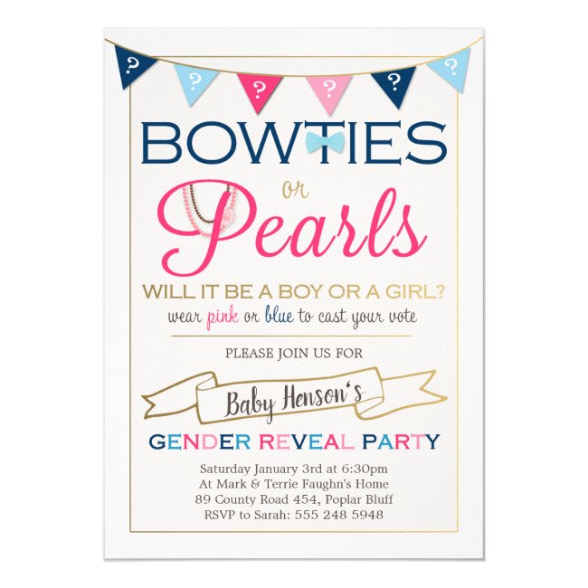 Bowties or Pearls Gender Reveal Party Invitation